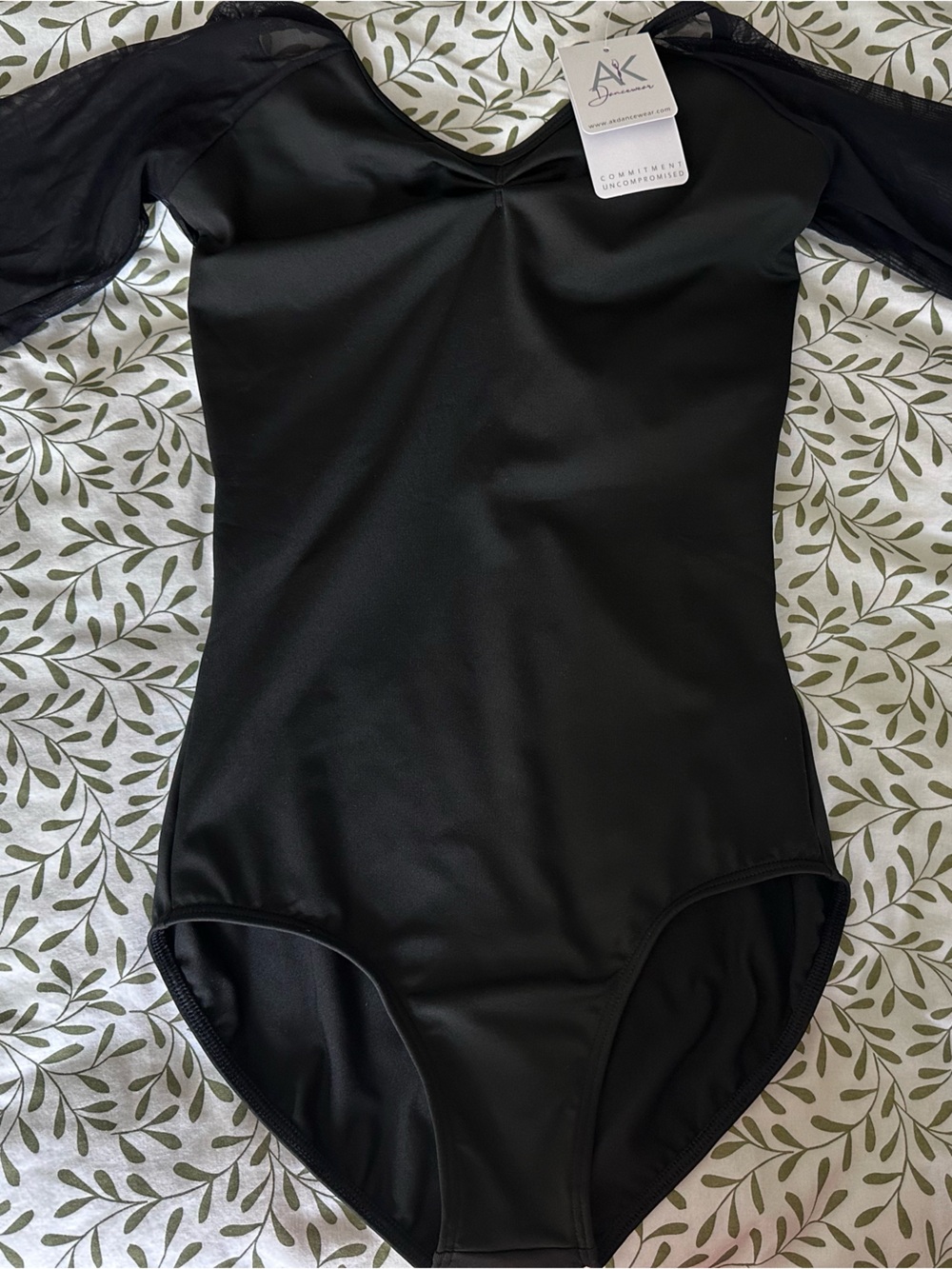 AK Dancewear Ballet Black Mesh-Sleeve Leotard for Women